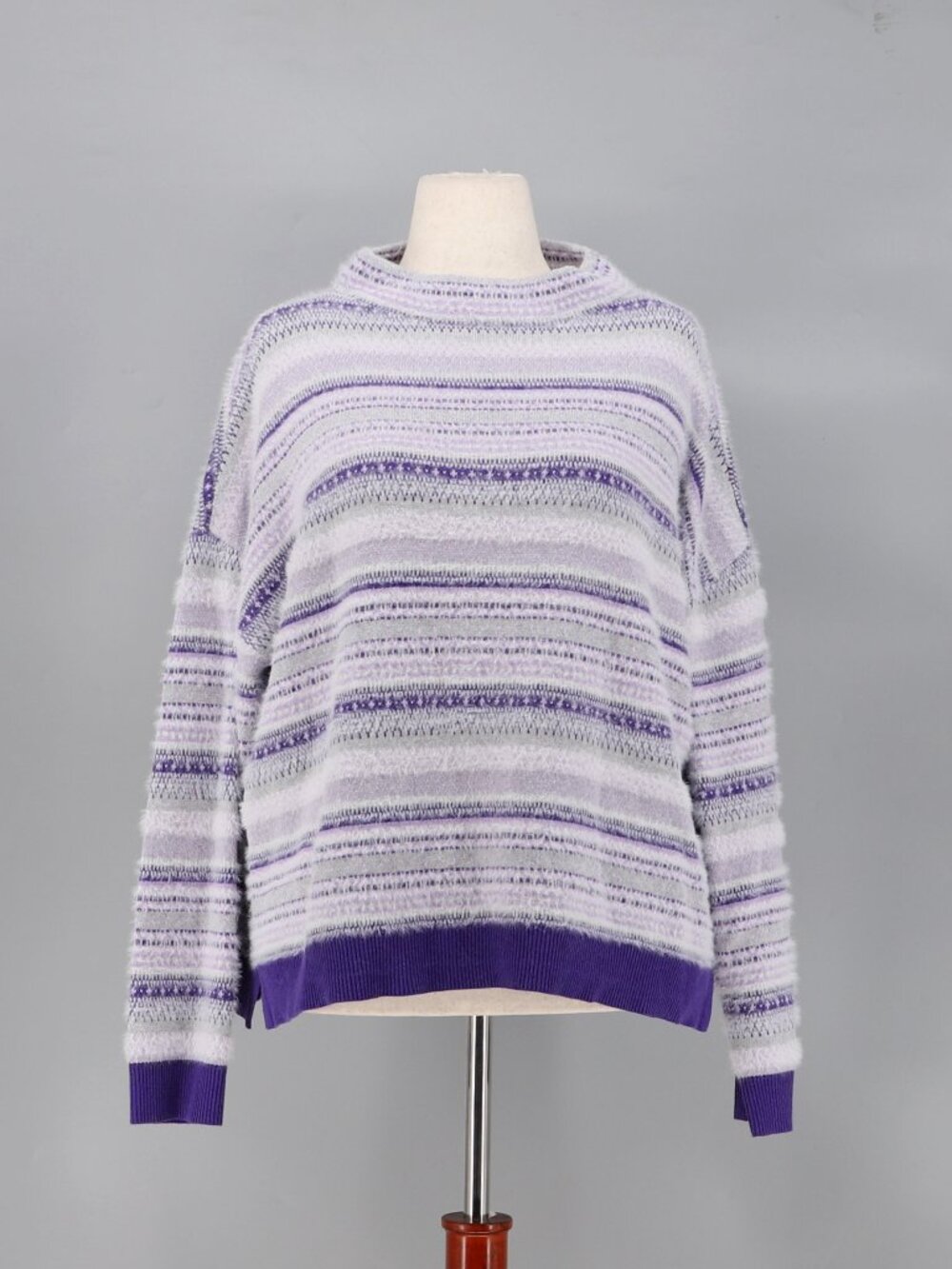 TALBOTS Fuzzy Knit Striped Purple White Gray Sweater Size XL